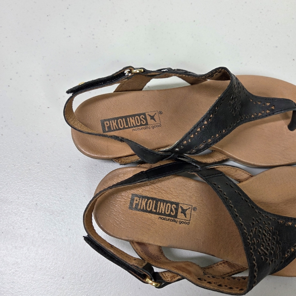 Pikolinos Black and Tan Women's Thong Sandals Lazer Cut-out - Picture 10 of 16